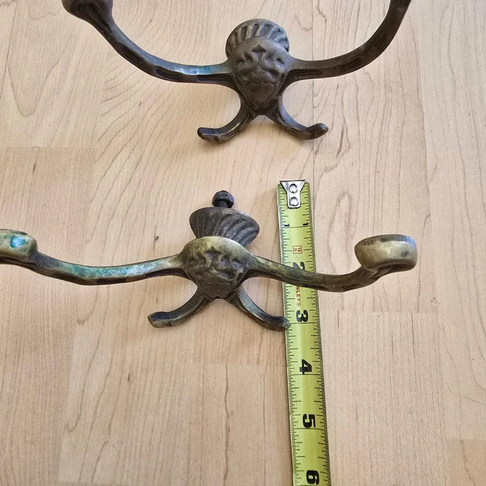 Vintage Cast Metal Wall Hooks Set of 2 Ornate 4-Prong Coat Hat Rack Aged Brass